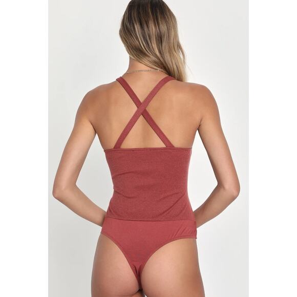 Lulus Bodysuit Medium Dusty Rose Pink Ribbed One Piece Cross Back Sleeveless - Picture 4 of 16